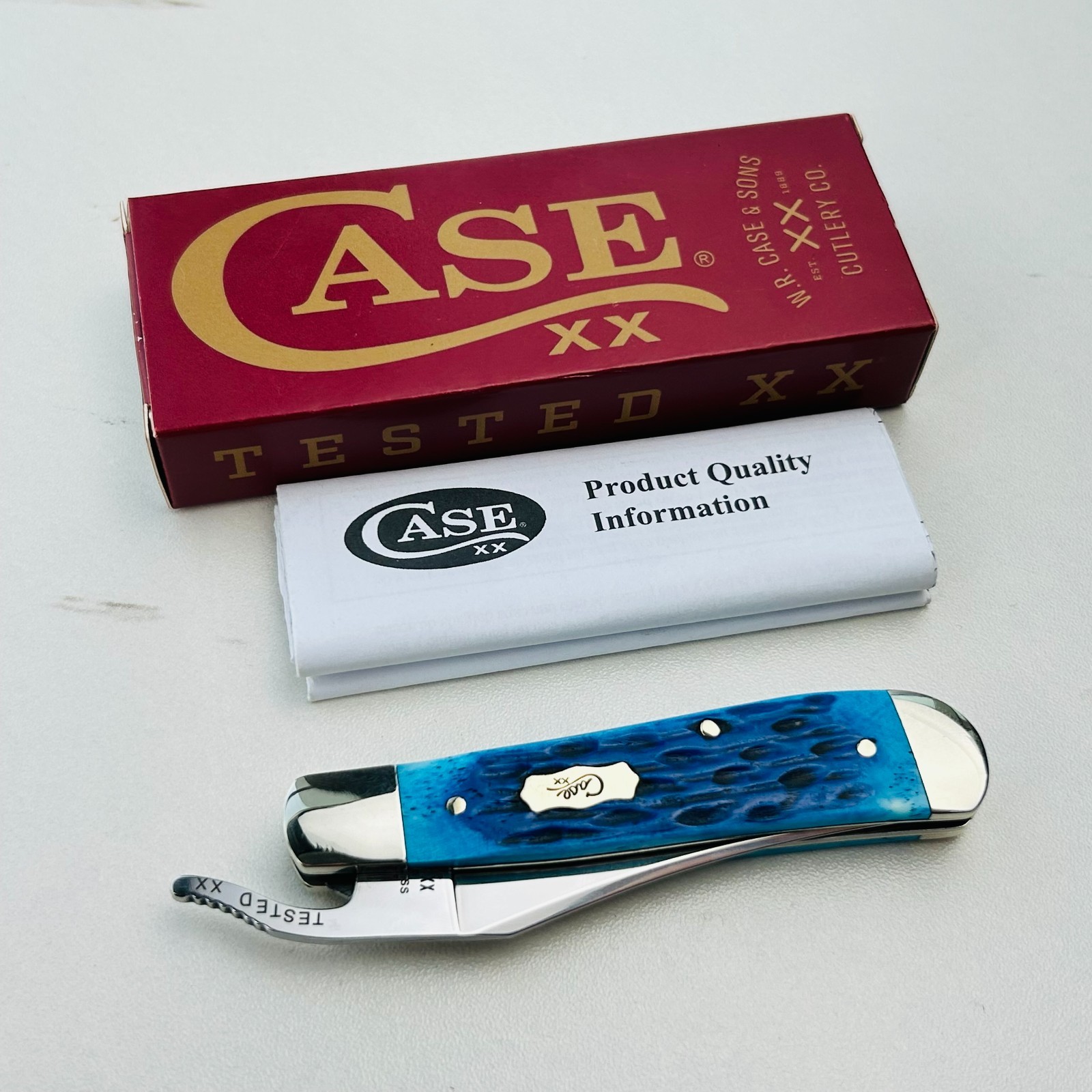 Case XX Knife 51859 Pocket Worn Mediterranean Blue Bone Russlock Pocket Knife