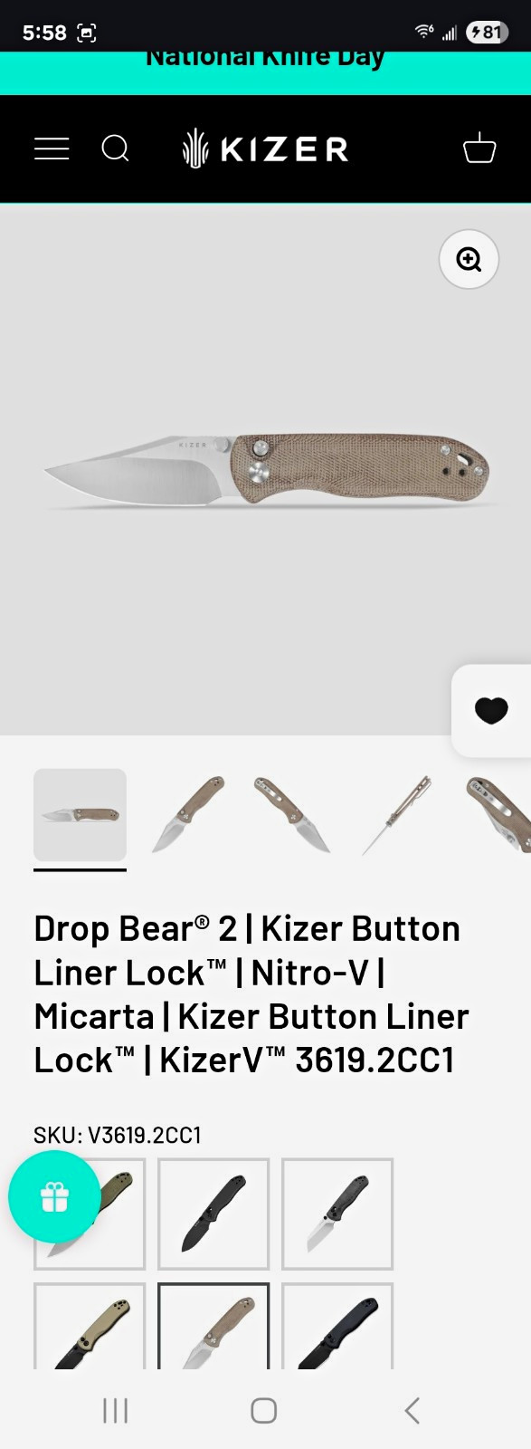 Kizer Drop Bear 2 Pocketknife Nitro-V Clip Point Plain Liner Lock Brown Micarta