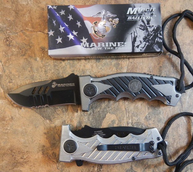 USMC Marines GREY Spring Assisted Opening Large Tactical Folding Pocket Knife