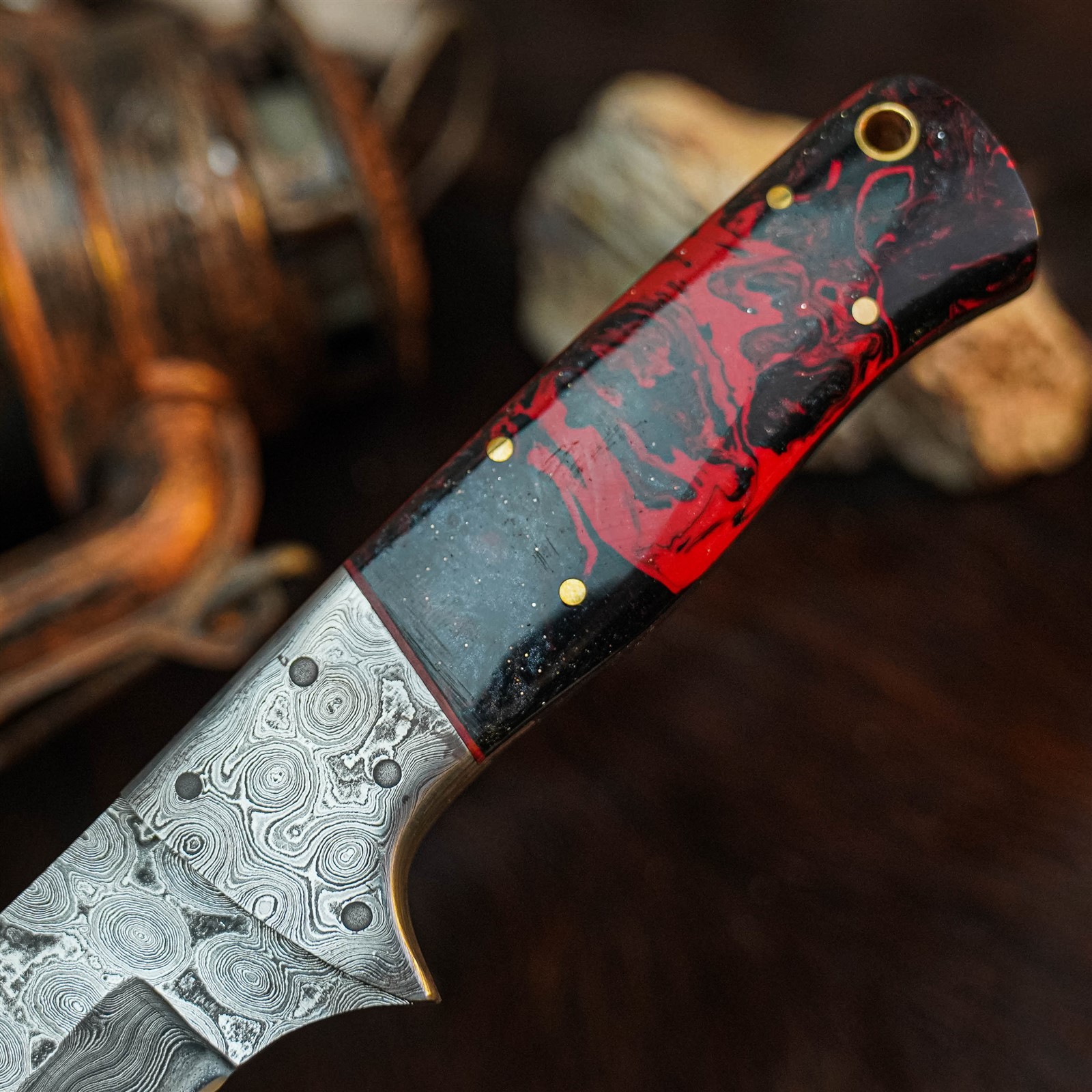 8.9″ Hunting EDC Damascus Knife Handmade Full Tang Resin Handle + Sheath