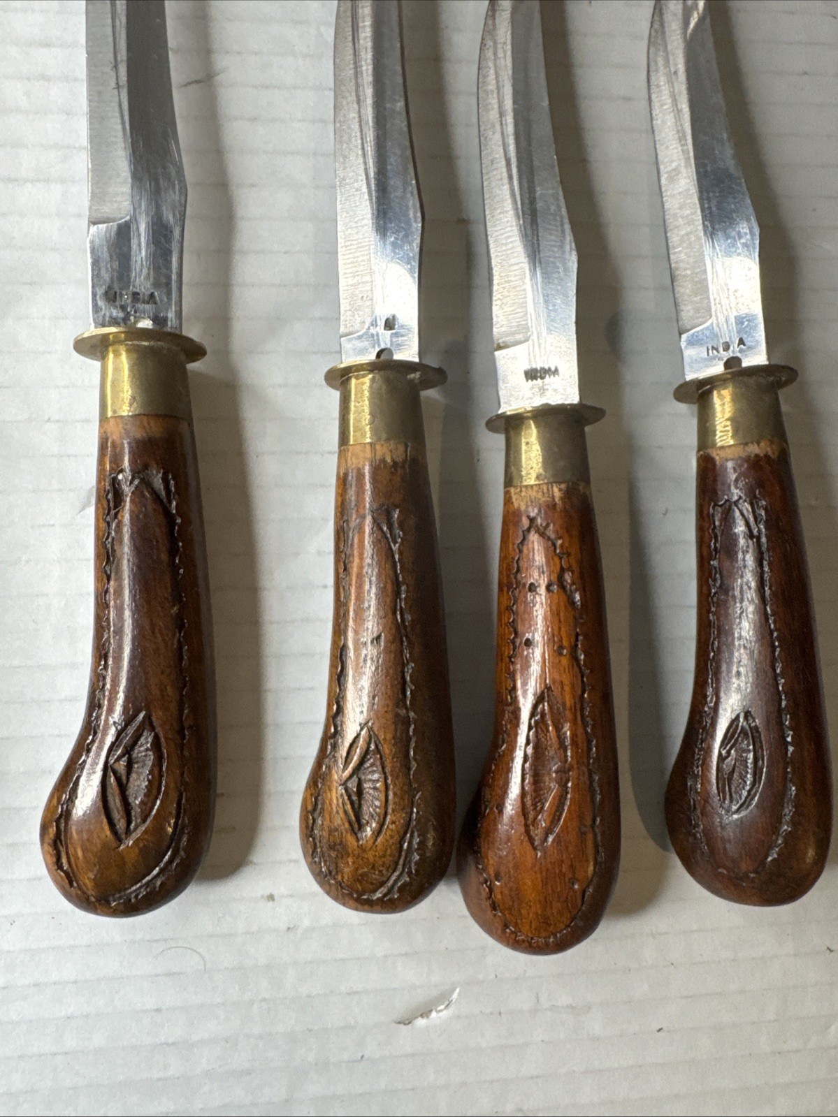 Antique India Carved Wood And Brass￼Knife Set Of 6