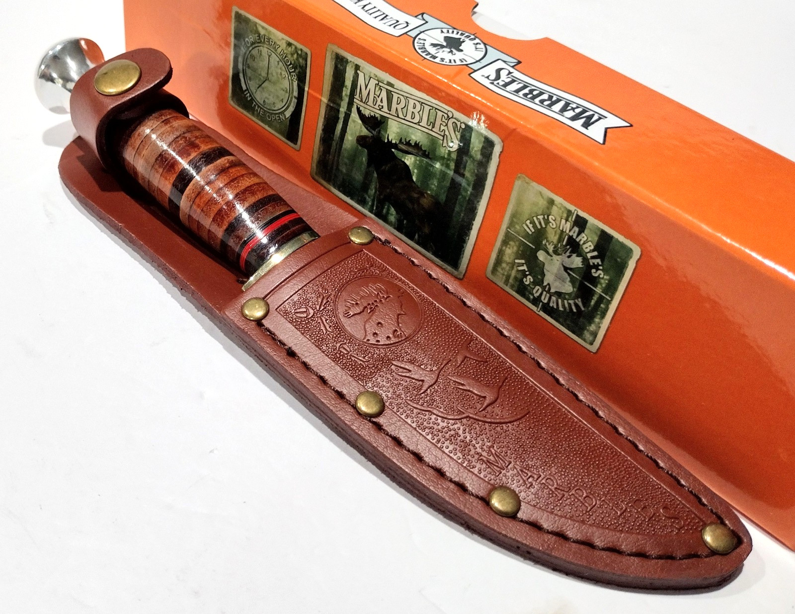 Marbles Brown Stacked Leather Handle Drop Point Fixed Blade Hunting Hunter Knife