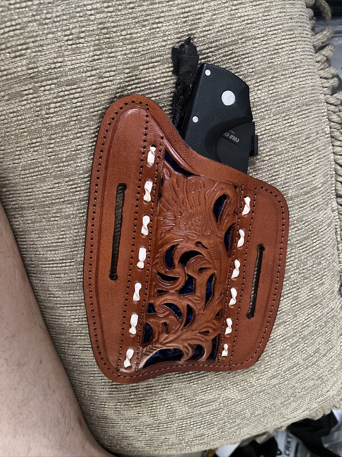 Leather knife sheath/Holds 6in Folding Knife Included Also HoldsGlock Mag/pliers
