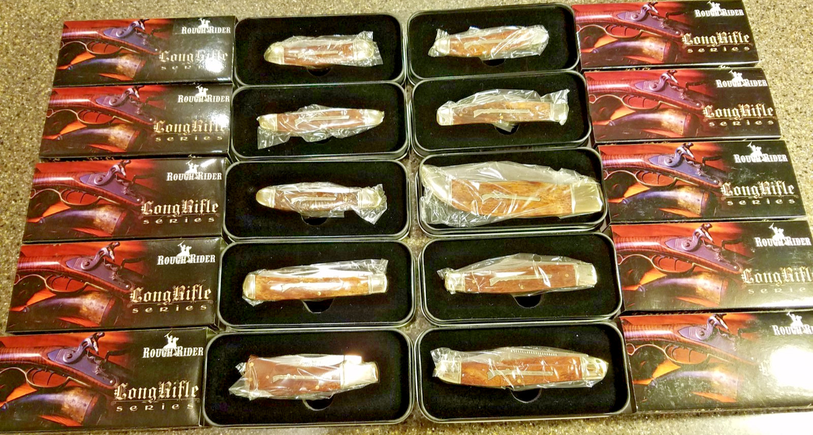 Rough Rider Long Rifle Set of Ten Knives, NEW Mint, Decorative Tins,Vintage 2008