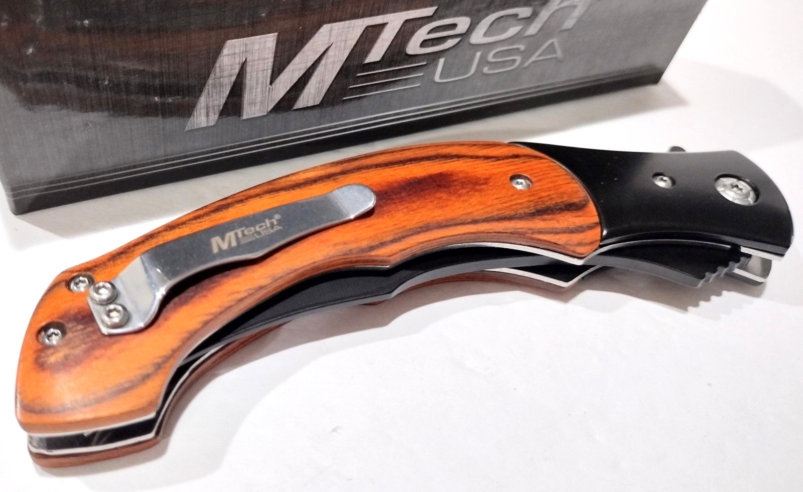 MTECH A/O Large Curved Blade Brown Wood Tactical Linerlock Folding Pocket Knife