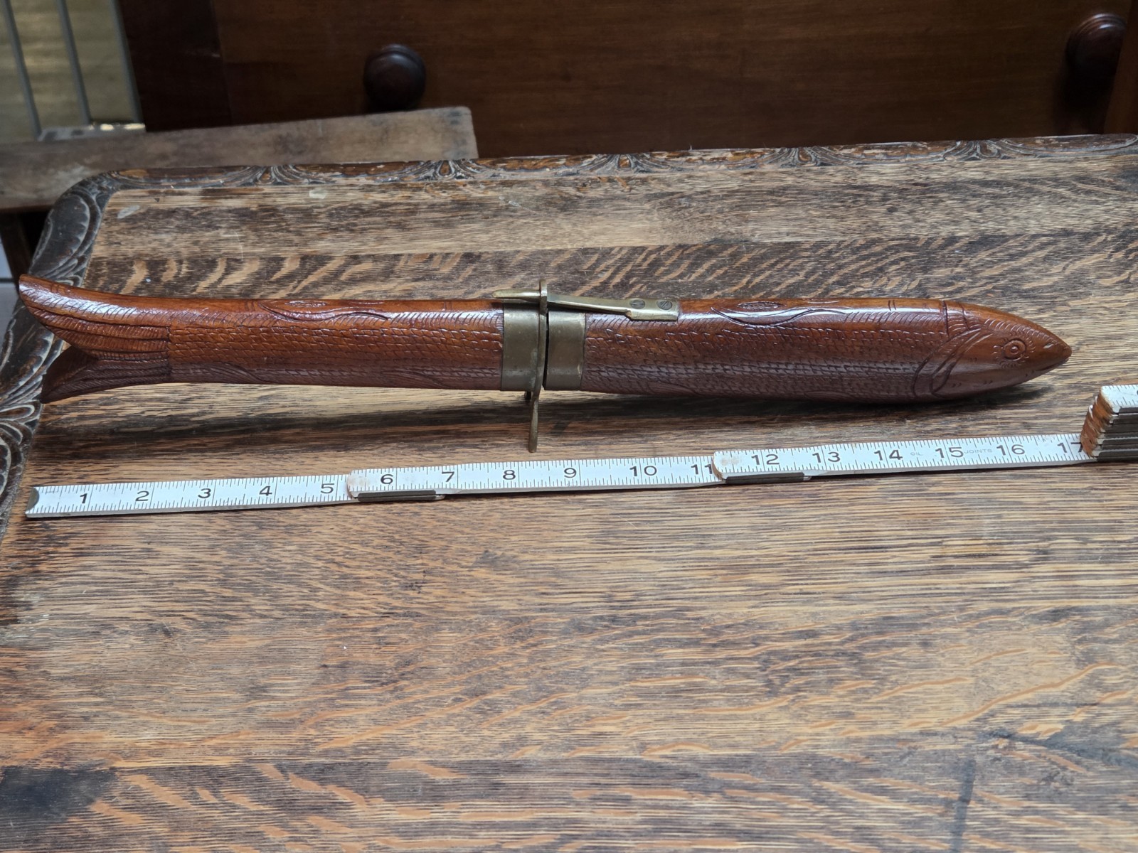 Carved Fish Knife Wood and Brass Vintage India