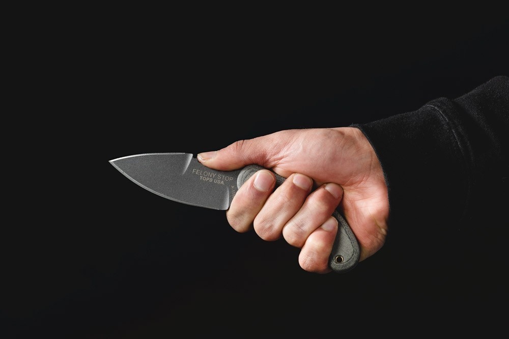 TOPS Felony Stop Fixed Knife 3.5″ 1095 Steel Blade Gray Micarta Onlay Handle