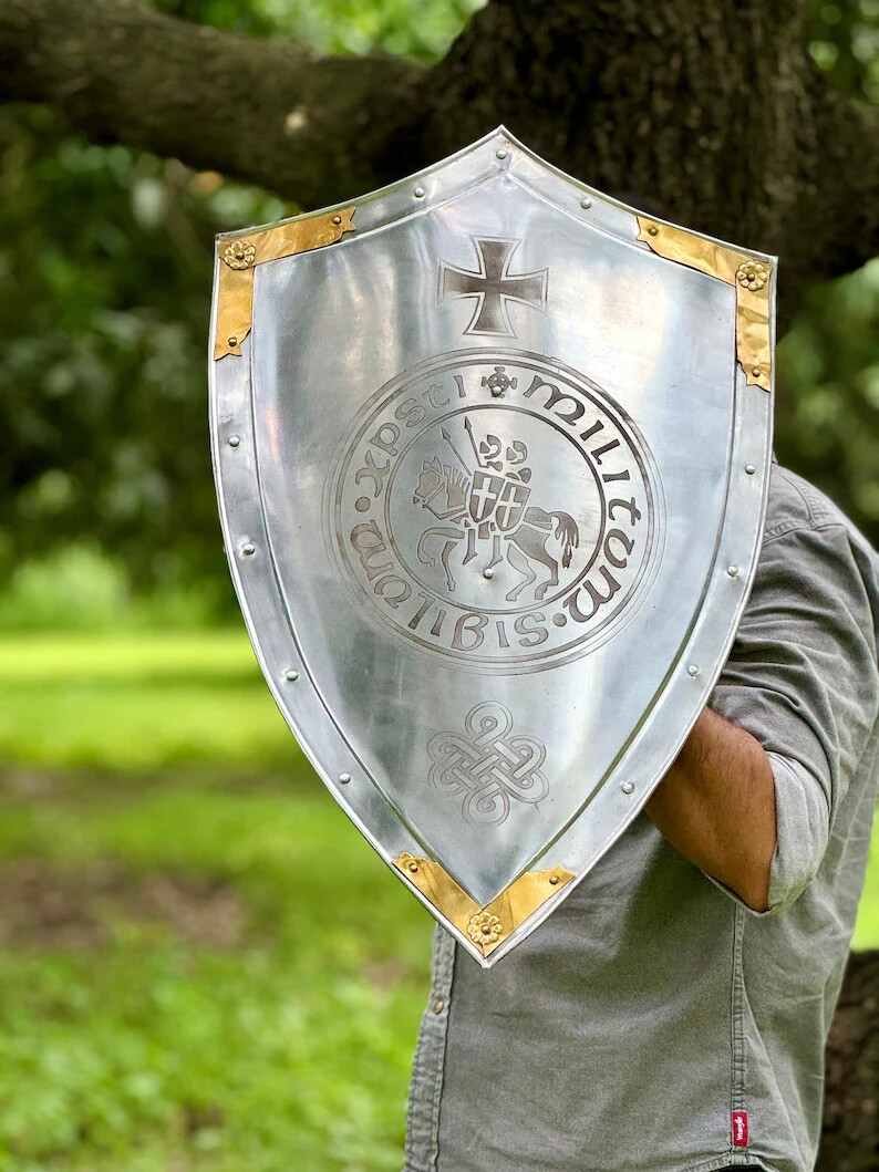 24» Templar Heater Shield a Knight’s Cross Design for LARP & Christmas Gift
