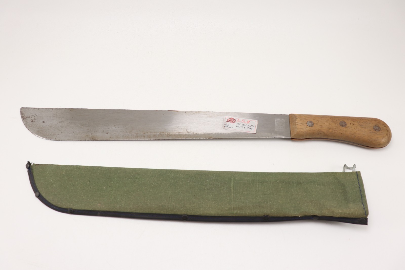 Vintage 18 Inch Bufflo Machete W/ Sheath, Drop Forged, Wood Handle, 1 Lbs. 2 Oz.