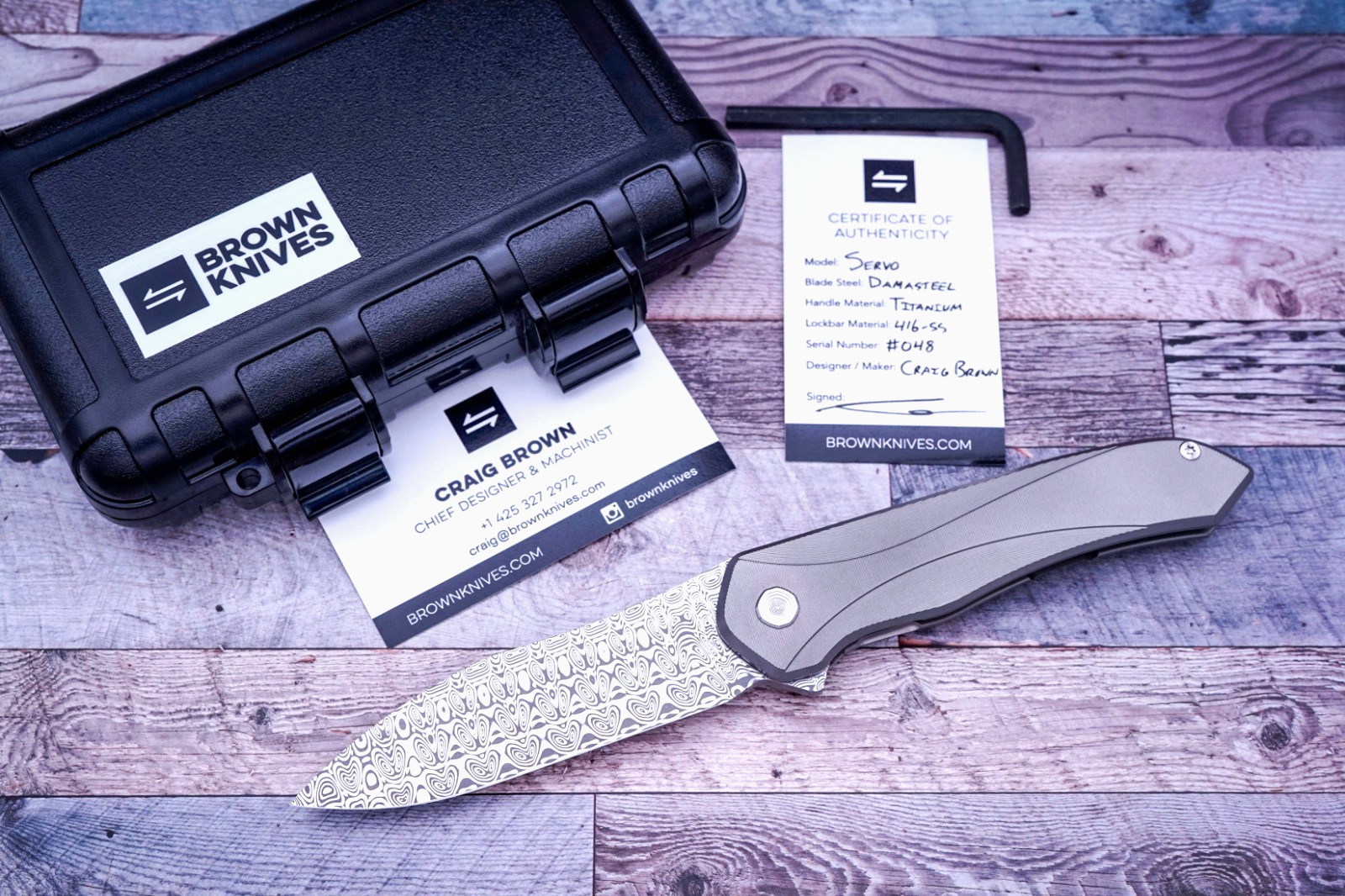 Brown Knives Servo, Damasteel Blade, Milled Ti Handle Scales, #048, Craig Brown