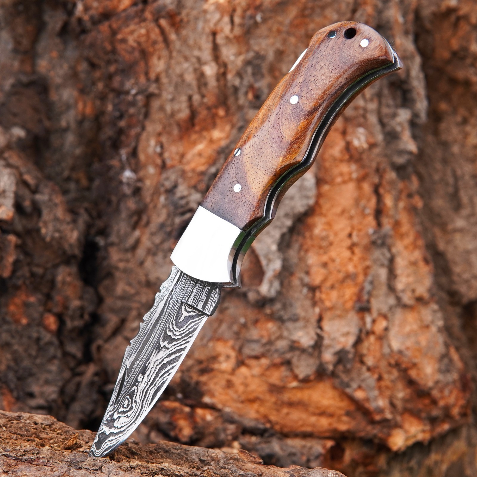 Custom Folding Knife Handmade Damascus Steel Pocket Knife, with Leather Pouch