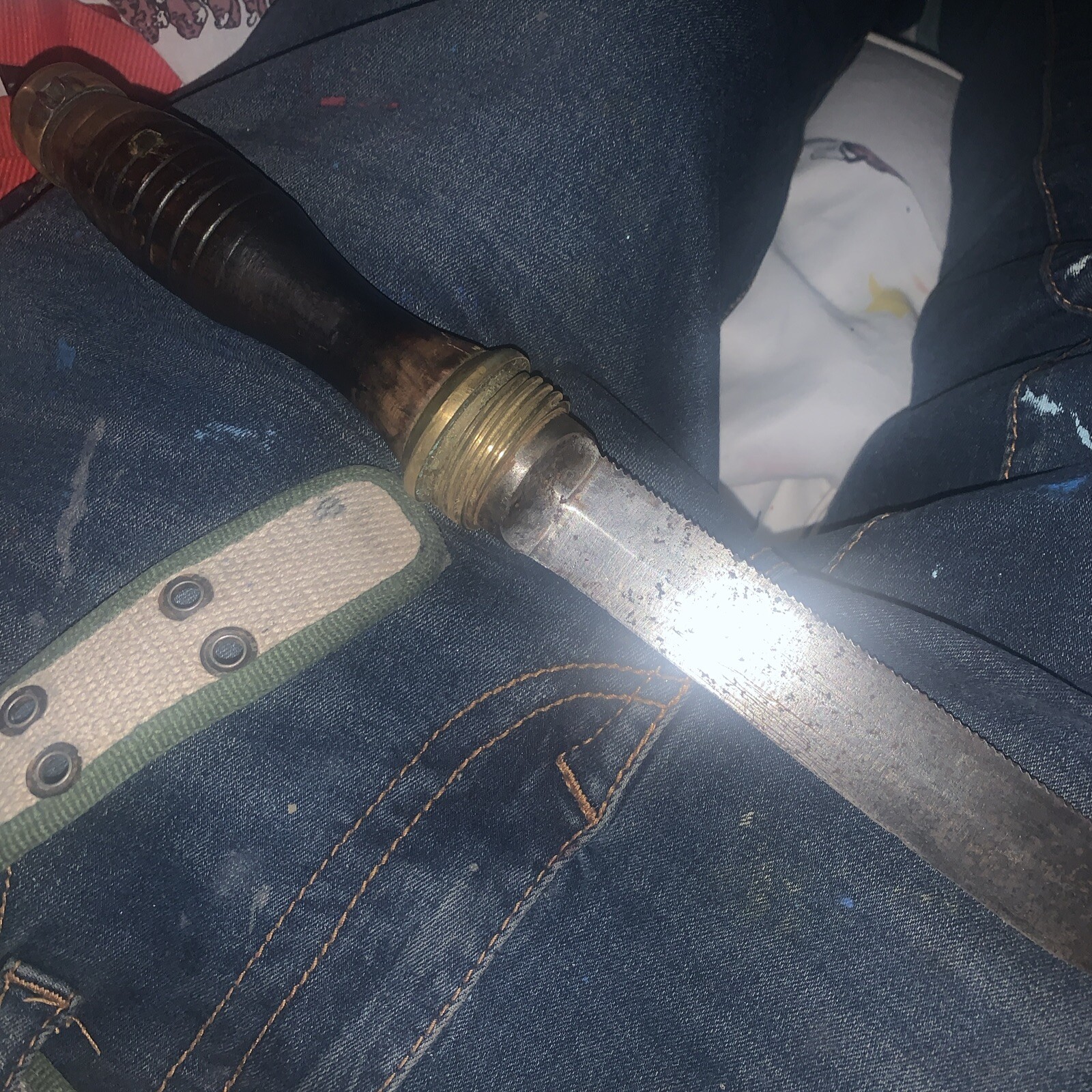 Morse Navy Divers Knife with Brass Sheath, Wooden Handle and Leather Strap 