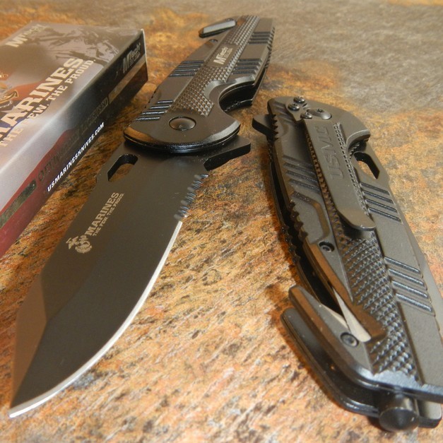 USMC Marines Black Spring Assisted Open Rescue Pocket Knife Officially Licensed