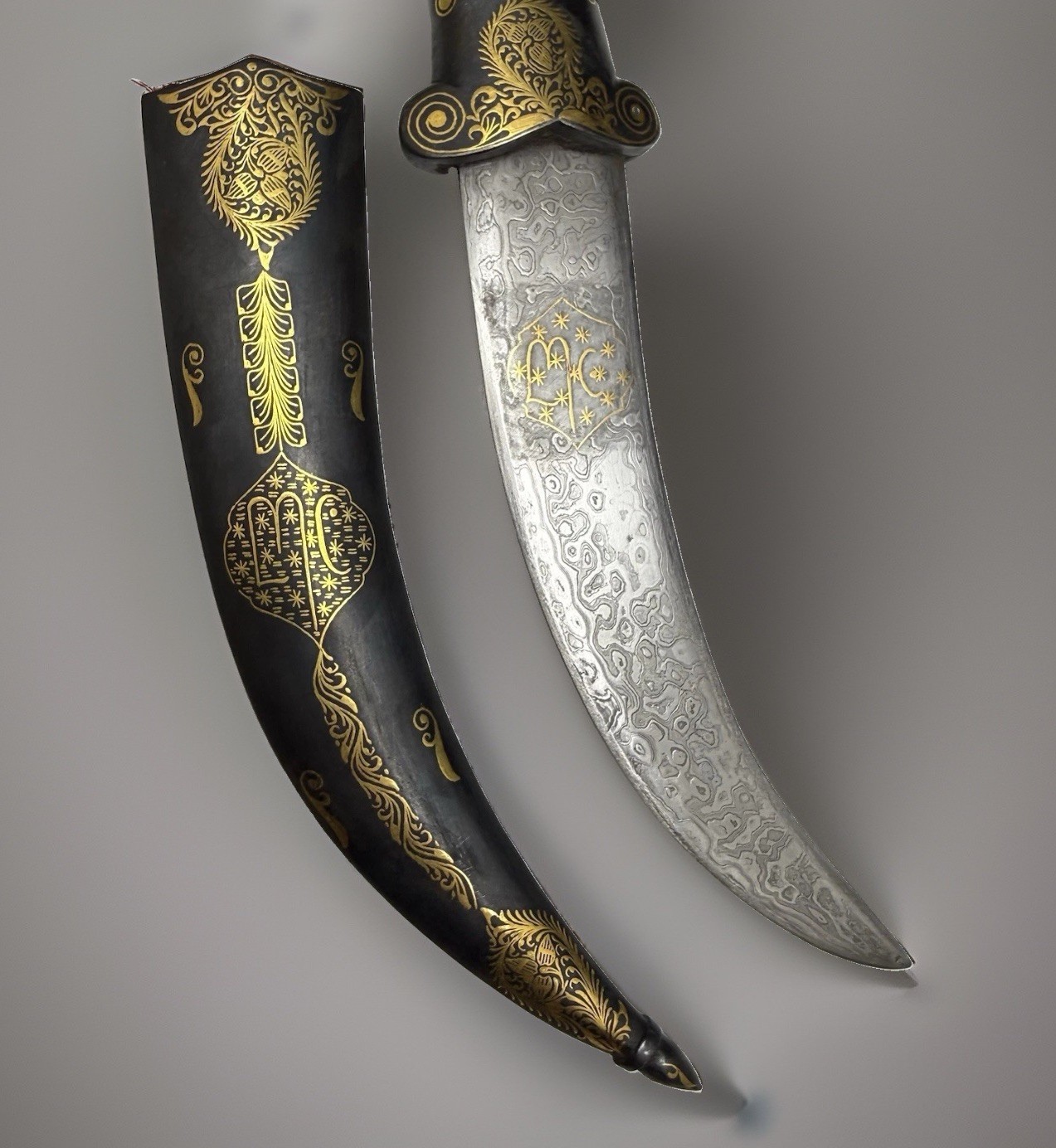 India Persian Khanjar Dagger Damascus Blade Gold Inlay Tiger Handle w Sheath