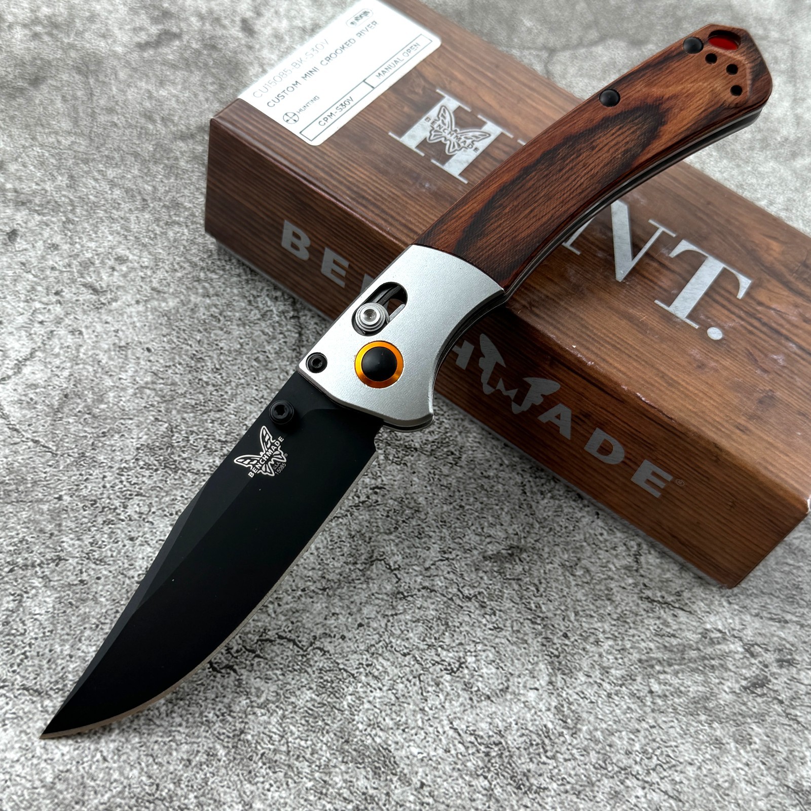 Benchmade 15085-2 Mini Crooked River Gray Aluminum Wood Clip-Point Folding Knife