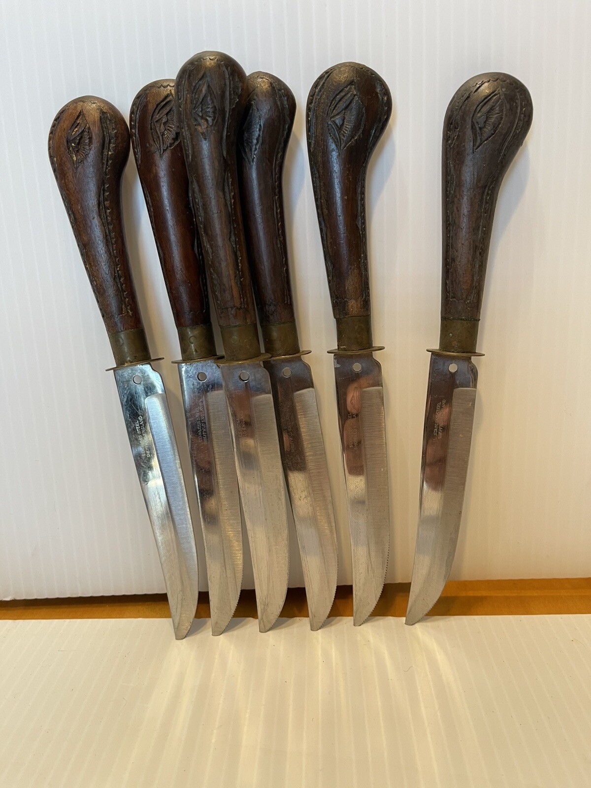Antique Indian Hand Carved Wooden Case & Six Stainless Steel Wood Handle Knives.