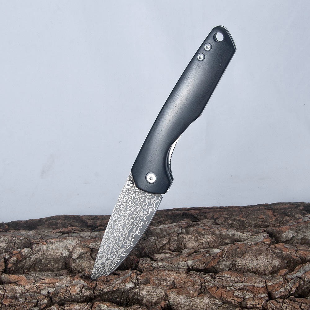 Folding Knife, Damascus Steel Blade, Wooden Handle, Camping Outdoor Pocket Knife
