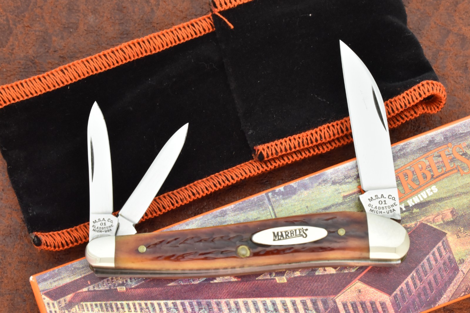 MARBLES MADE IN USA GLADSTONE MI AMBER BONE WHARNCLIFFE WHITTLER KNIFE (35834)