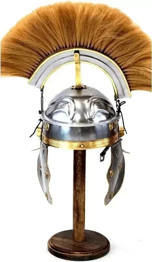 Roman Centurion Helmet 18 Gauge Steel Brass Leather Plumed Crest Warrior Armor