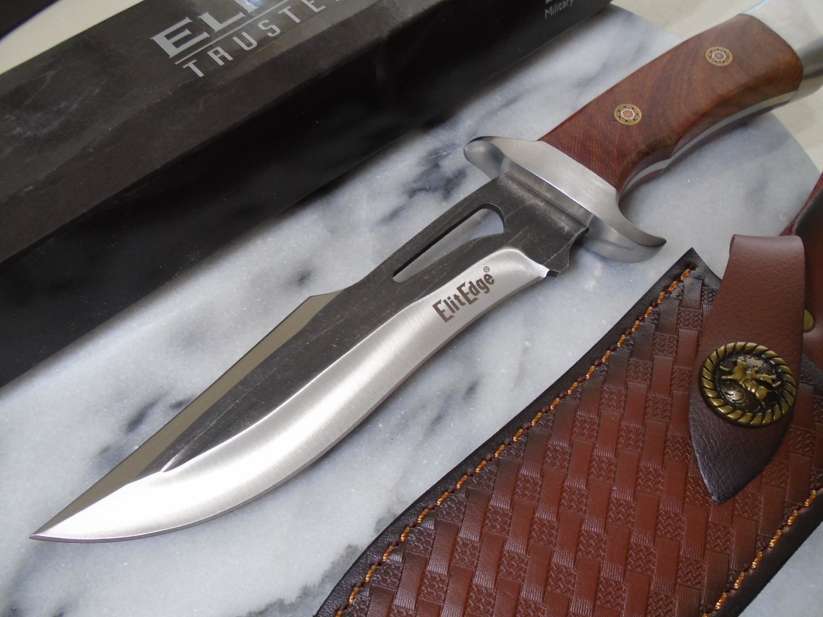 Elitedge Fancy Recurve Bowie Hunter Knife Full Tang 440C Fixed Blade Walnut Wood