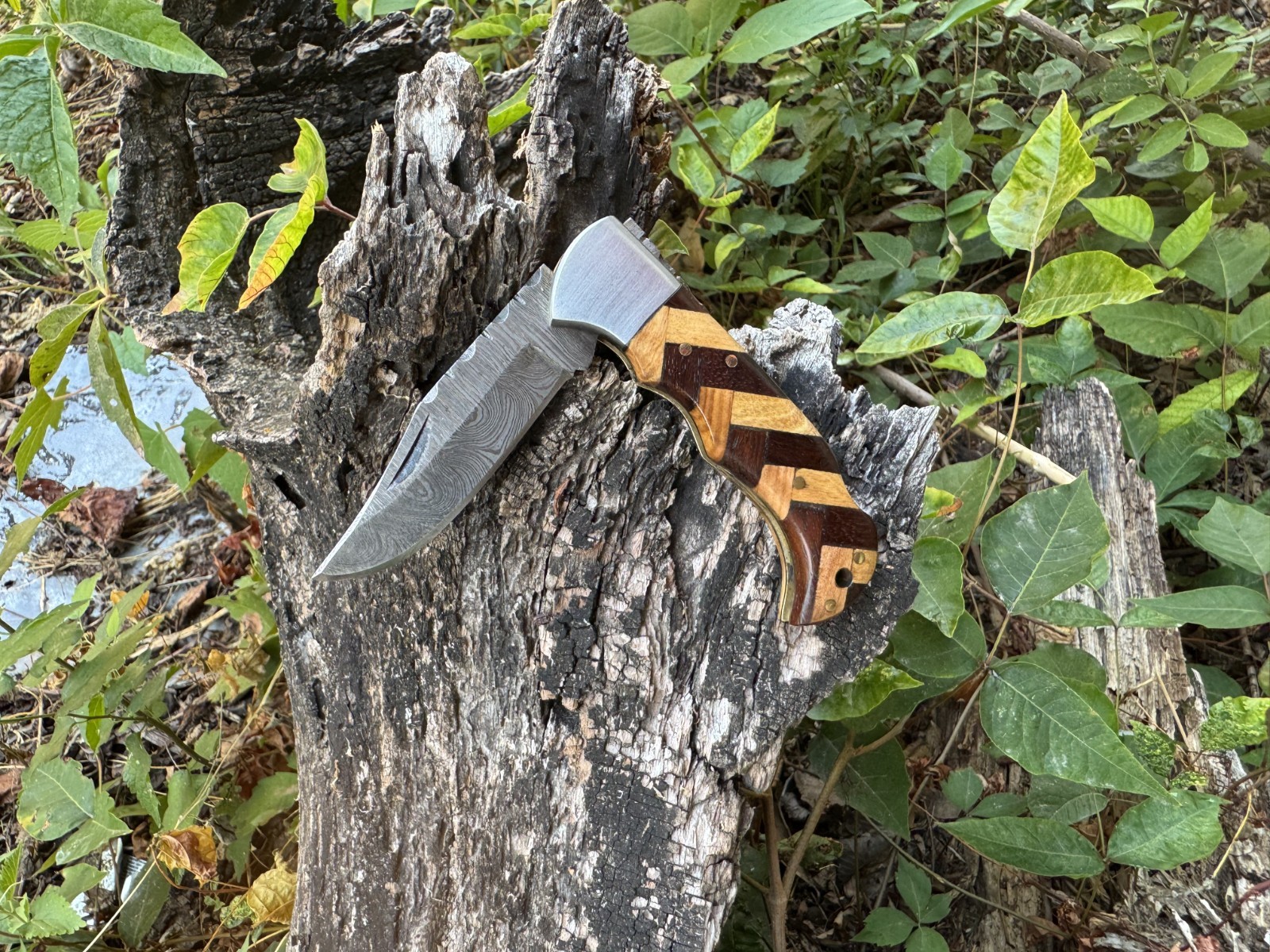 Pocket Knife Folding Survival Hunting Knives Damascus Steel Wood Handle