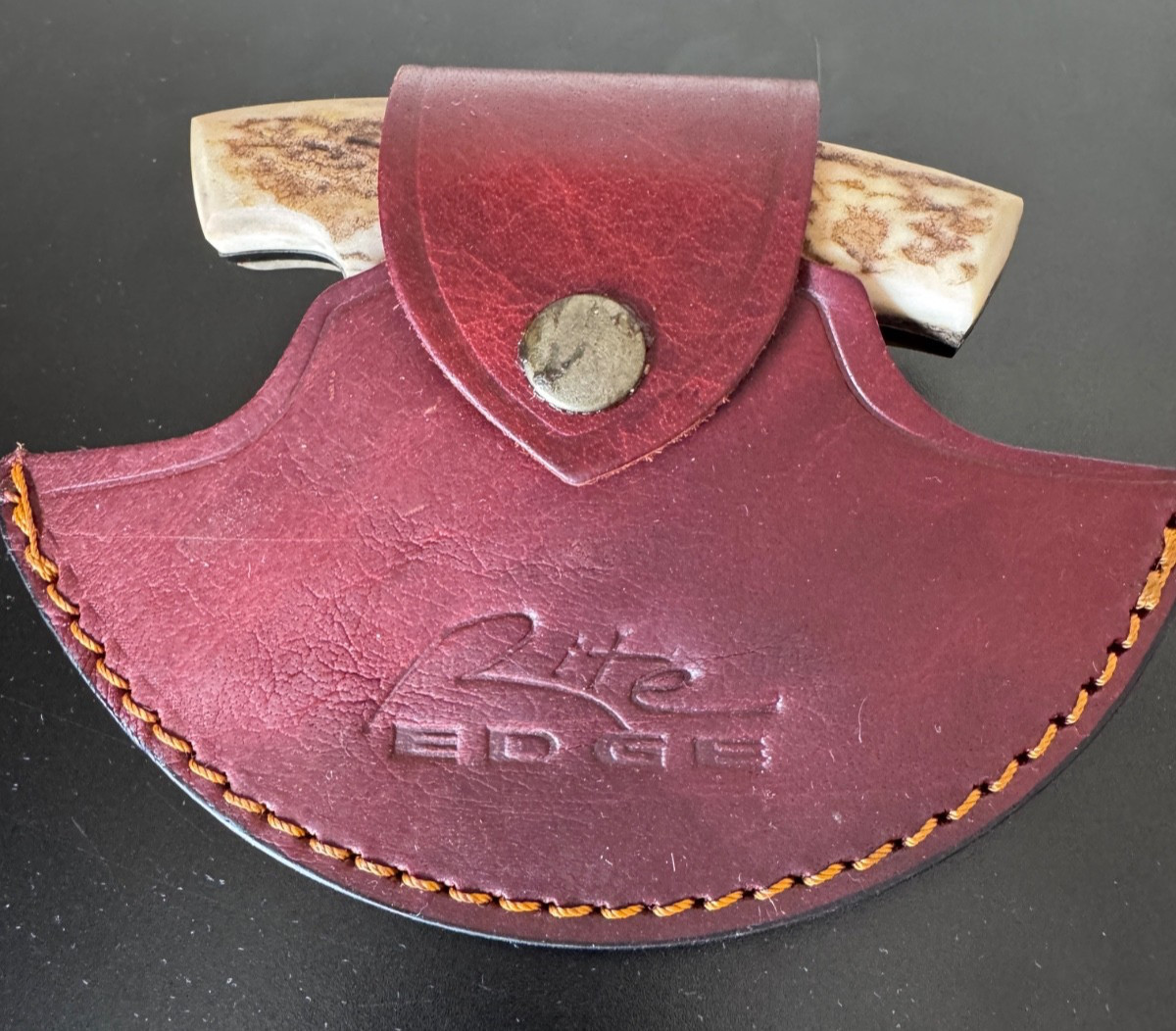 Ulu Rocker Knife Leather Bone/Antler Handle 5.5″ Damascus-style Steel Blade