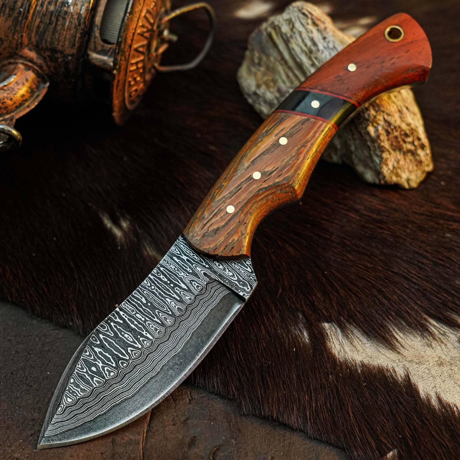 7.7″ Drop Point Skinner Knife Damascus Steel Hunting Full Tang Hybrid Handle