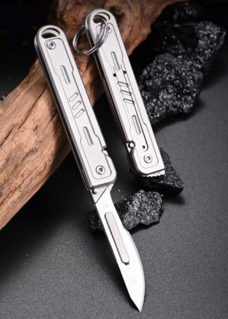 Stainless Steel Folding Utility Knife Scalpel Blade Outdoor EDC Keychain Tool