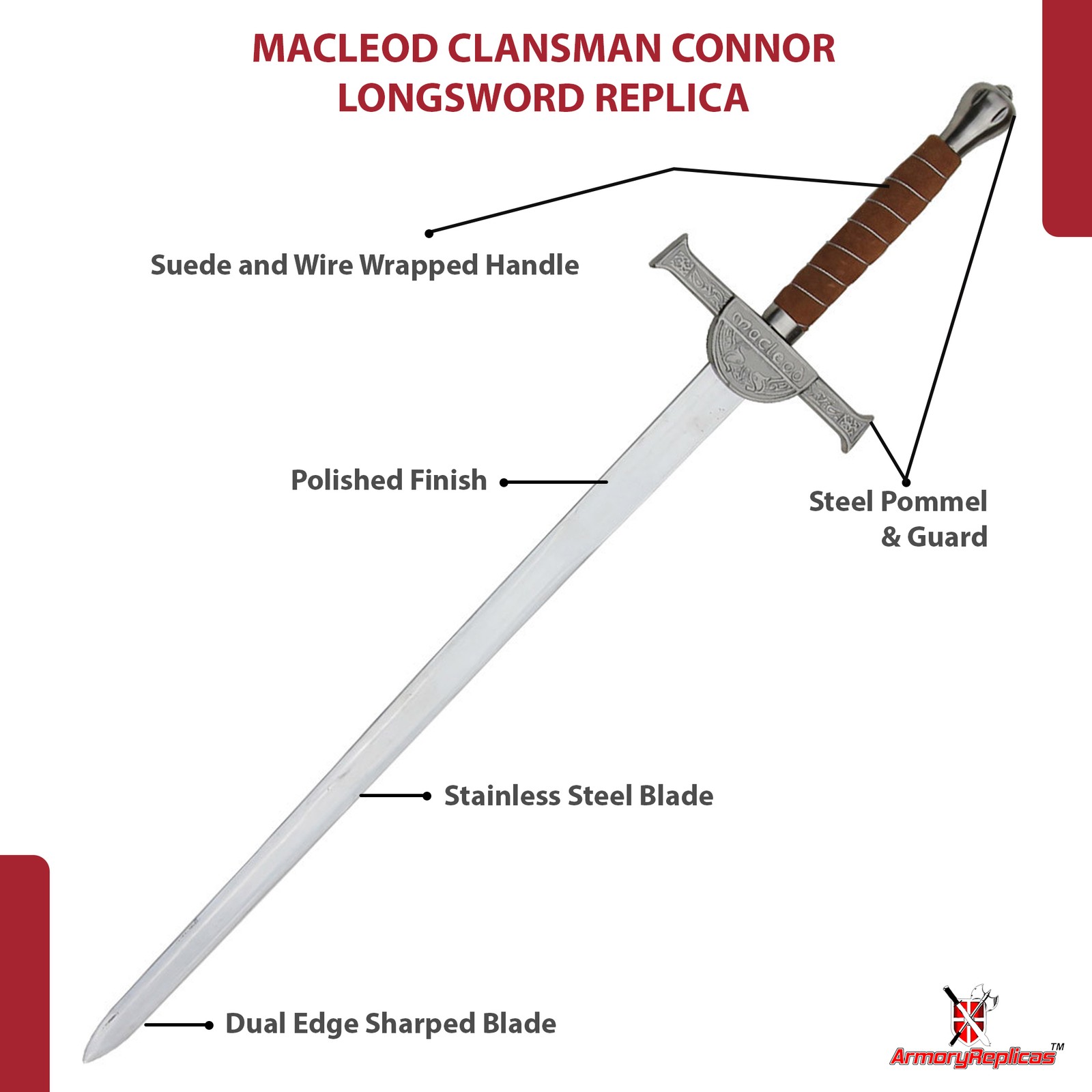 Medieval Macleod Clansman Connor Longsword Replica Stainless Steel Blade