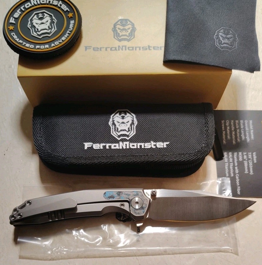 New FerraMonster Valken 3.5″ M390 Belt Satin Clip Pt Titanium w/Fat Carbon Inlay