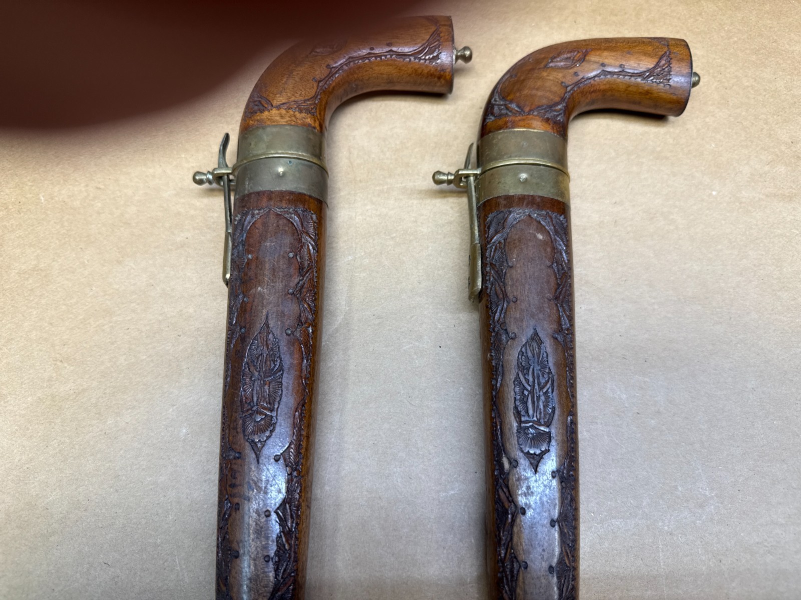 VERY RARE Knife Pair Carved Handles Matched Carved Wood Sheaths Brass Trim-INDIA