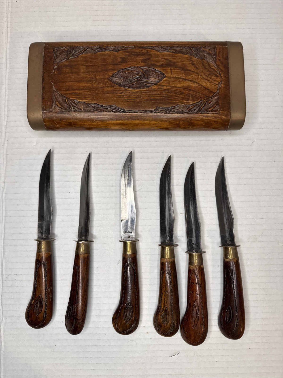 Antique India Carved Wood And Brass￼Knife Set Of 6