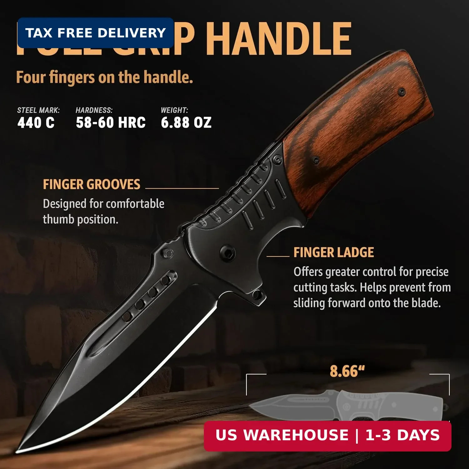 Pocket Knife for Men with Wood Handle & Glass Breaker & Pocket Clip – 3.66″ Shar