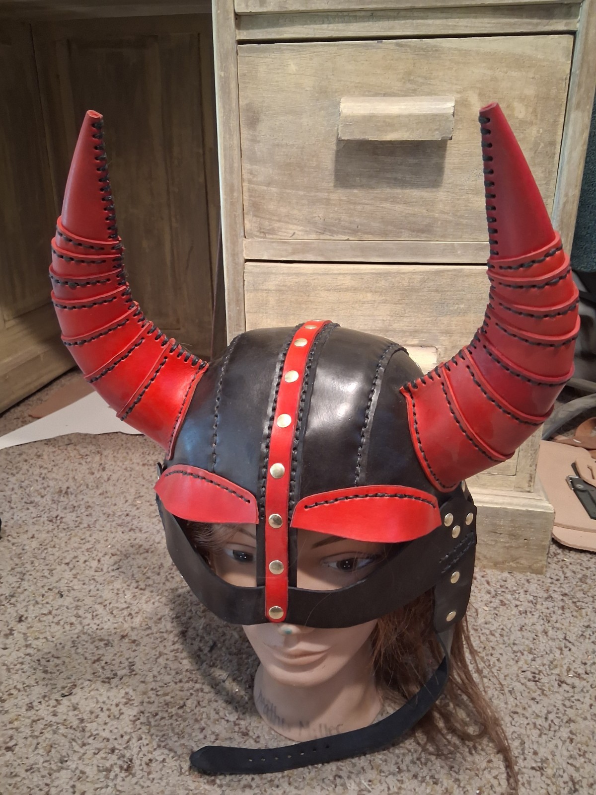 Black Leather Viking Helmet With Horns