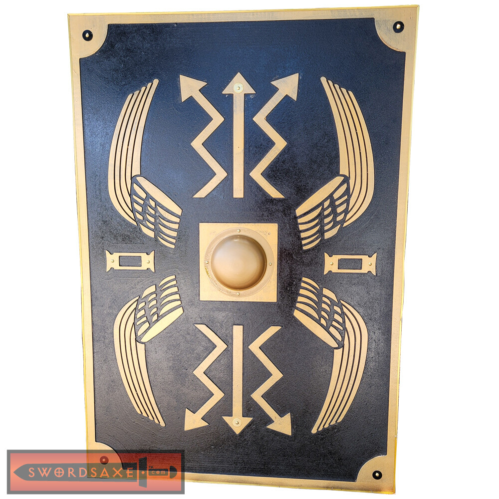 Carved Roman Augustan Scutum Tower Shield Wall Floor Display 45 x 31 Black Gold