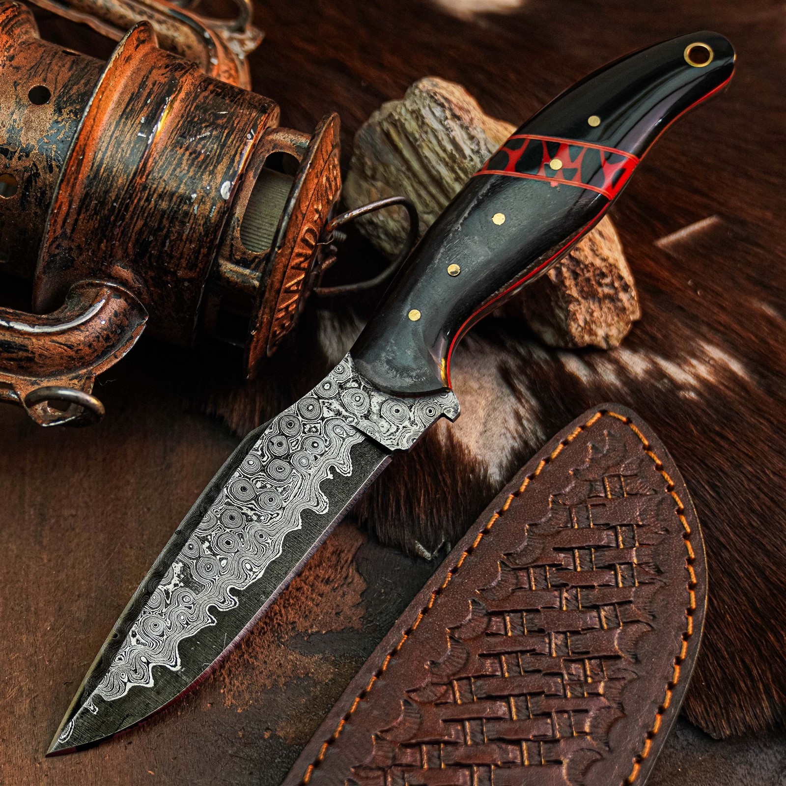 8.9″ Camping Bushcraft Damascus Knife Handmade Full Tang Horn Handle +Sheath