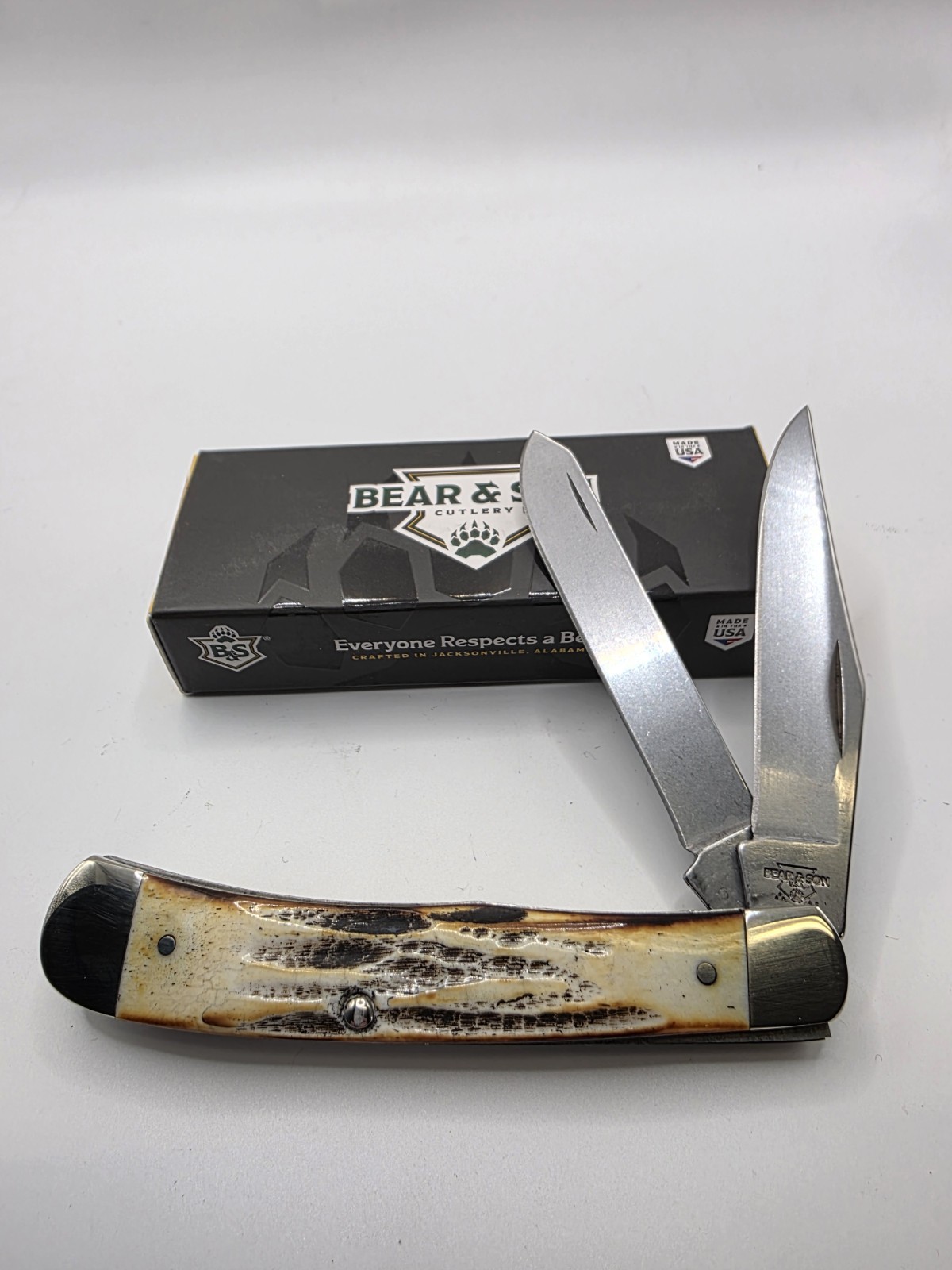 Bear & Son Trapper, India Stag Bone, CS, 4.13 Closed, USA Made