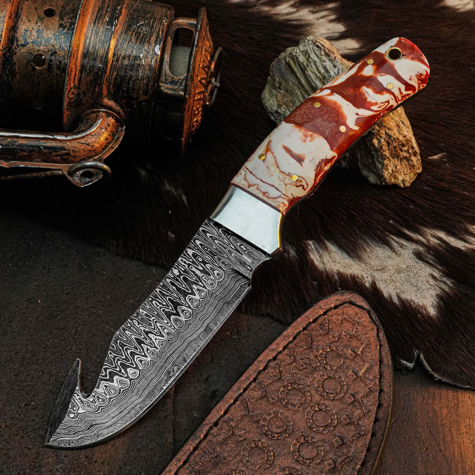 8.8″ Clip Point Knife Damascus Steel Hunting EDC Full Tang Blade Resin Handle