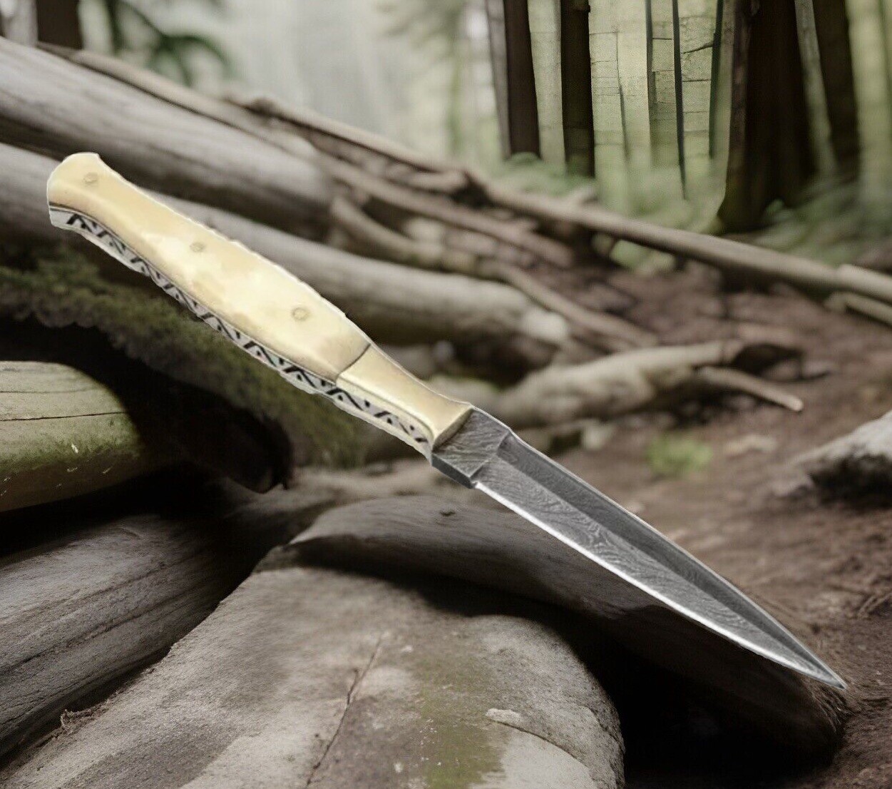 Damascus Double Edged Slick Tooth Pick Boot Knife Camel Bone Handle