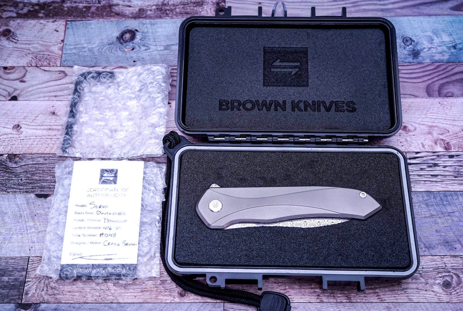 Brown Knives Servo, Damasteel Blade, Milled Ti Handle Scales, #048, Craig Brown