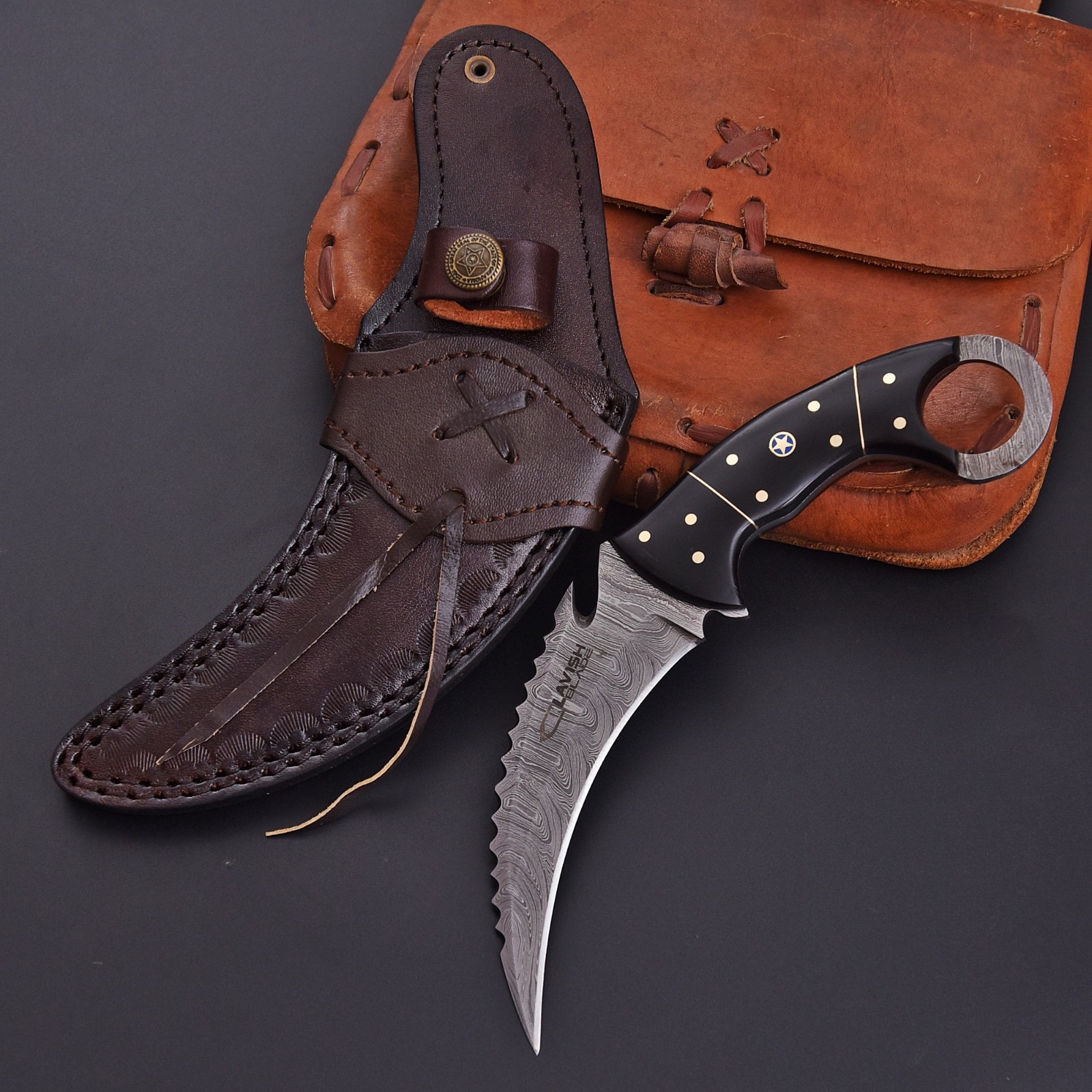 Handcrafted Damascus Karambit Knife Black Wood Hunting Survival Custom Sheath