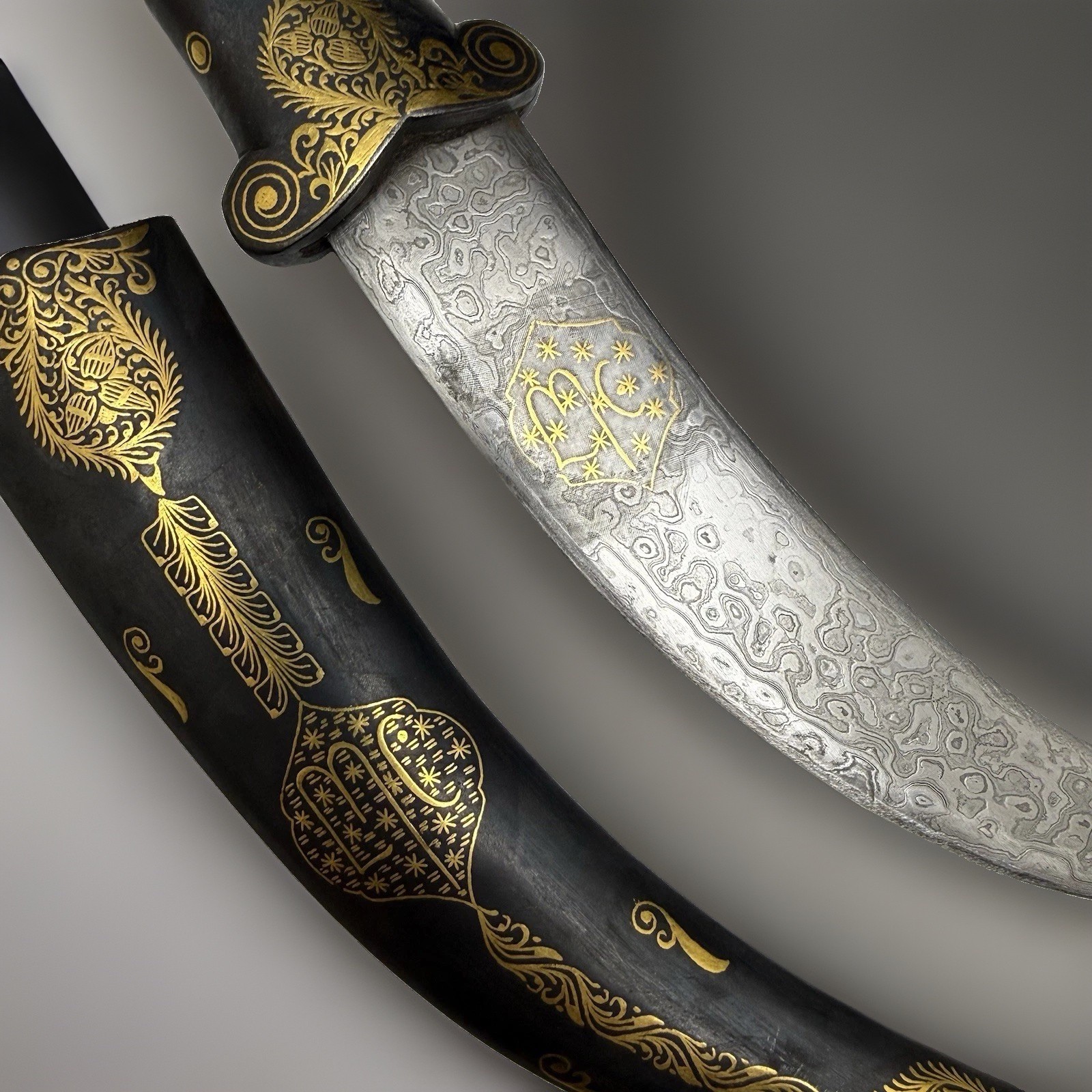 India Persian Khanjar Dagger Damascus Blade Gold Inlay Tiger Handle w Sheath
