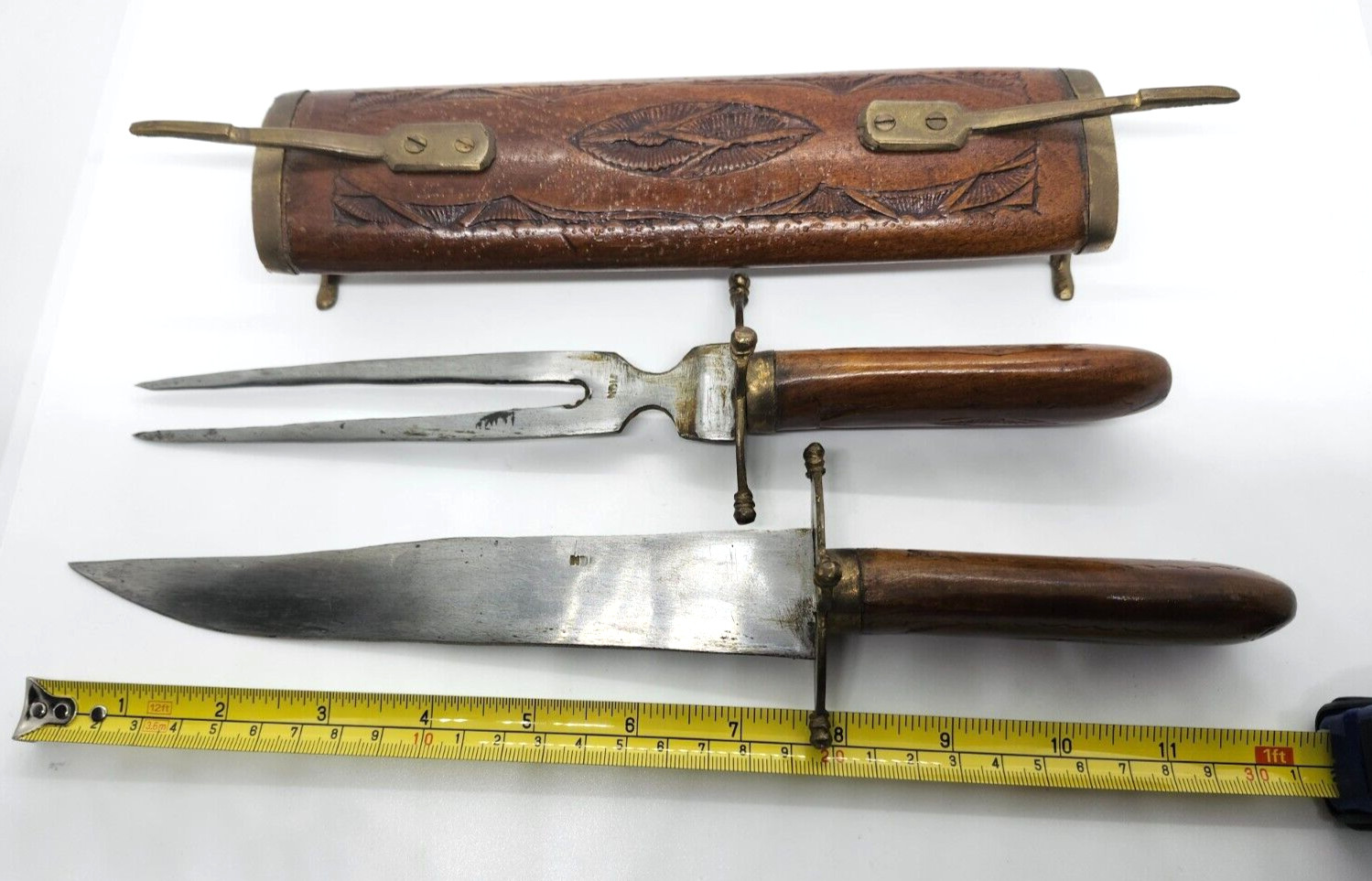 Decorative Knife Carving Set In Wooden Hand Carved & Brass Casing VTG India