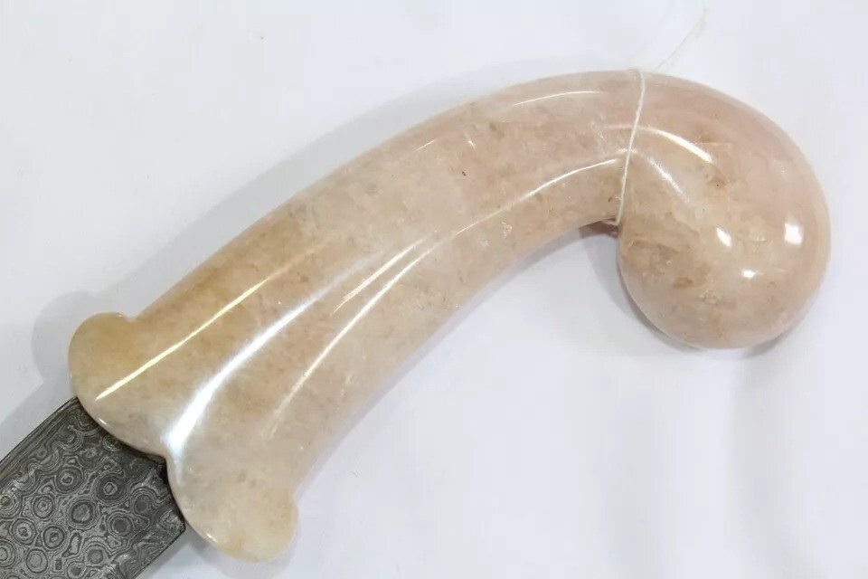 Dagger Knife Damascus Steel Blade Pink Jade Stone Handle Silver Koftgiri D55
