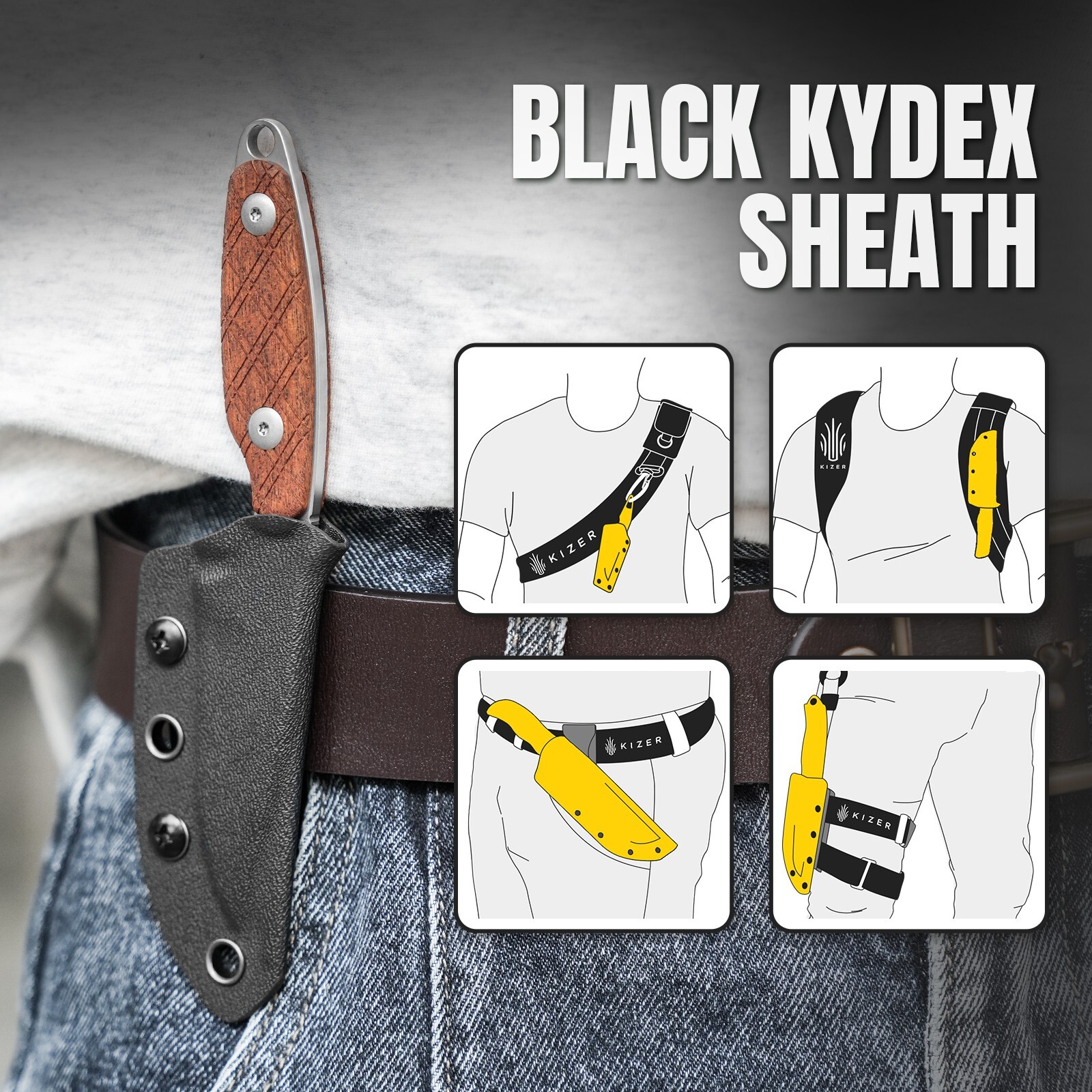 Kizer Muskrat Clip Point Fixed Blade Knife S35VN Wood Handle Stonewashed +Sheath