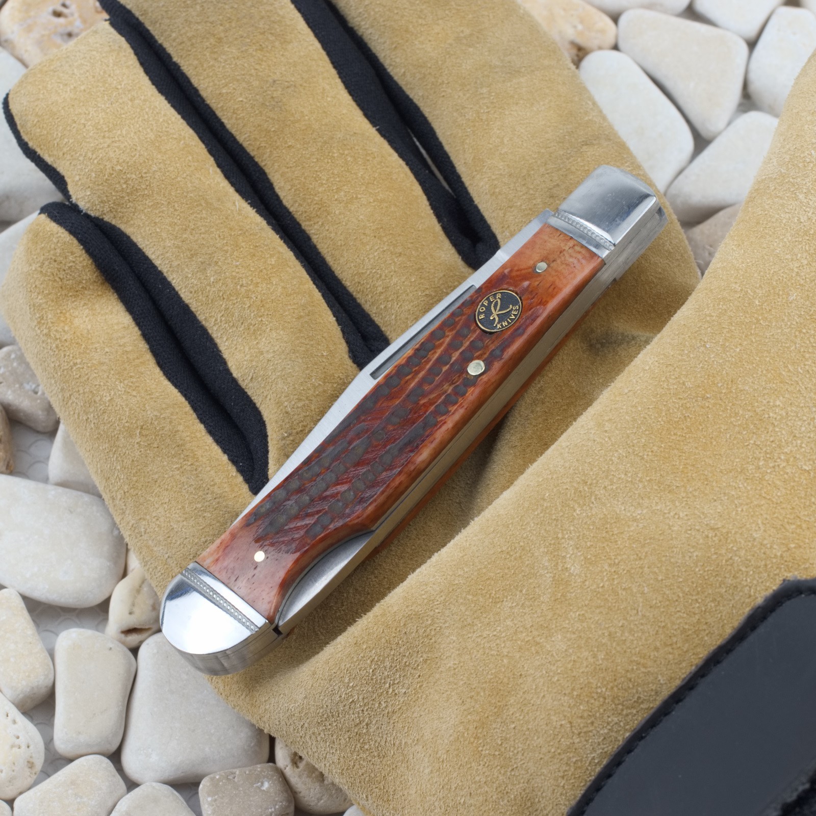 Roper Knives Lockback Trapper Folding Knife Brown Jigged Bone Carbon Steel Blade