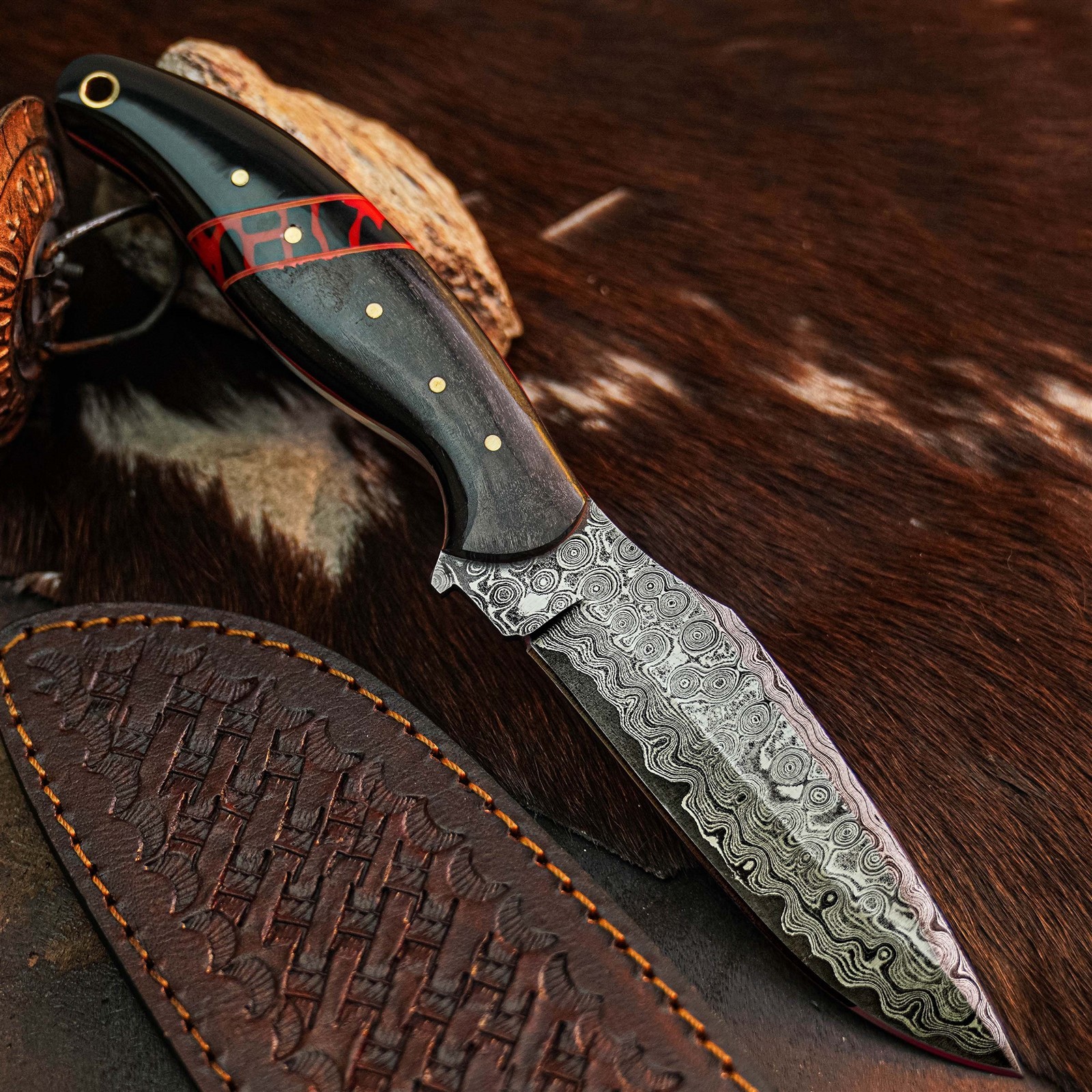 8.9″ Camping Bushcraft Damascus Knife Handmade Full Tang Horn Handle +Sheath