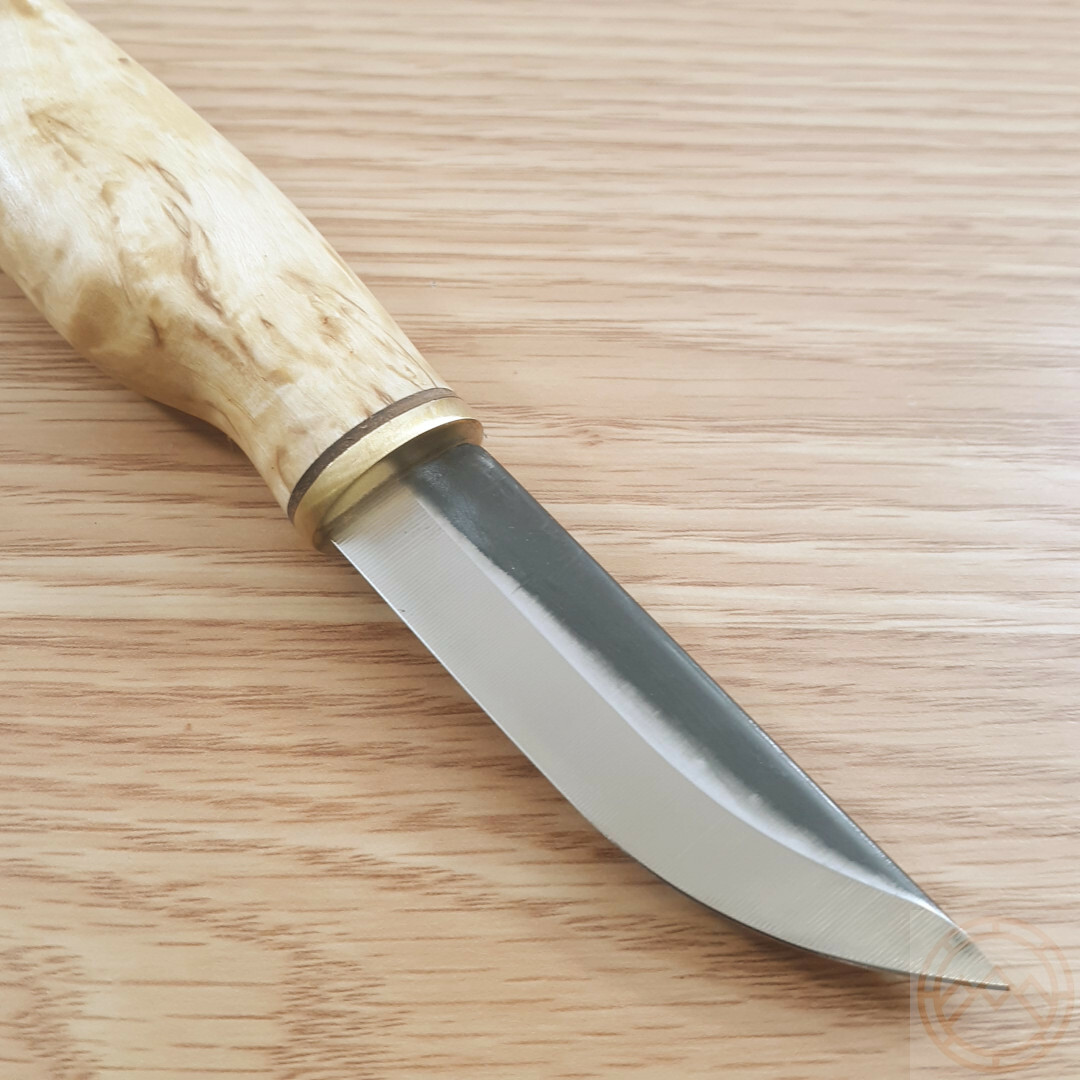Wood Jewel Knife 3″ Carbon Steel Blade Curly Birch Handle w/Brown Leather Sheath