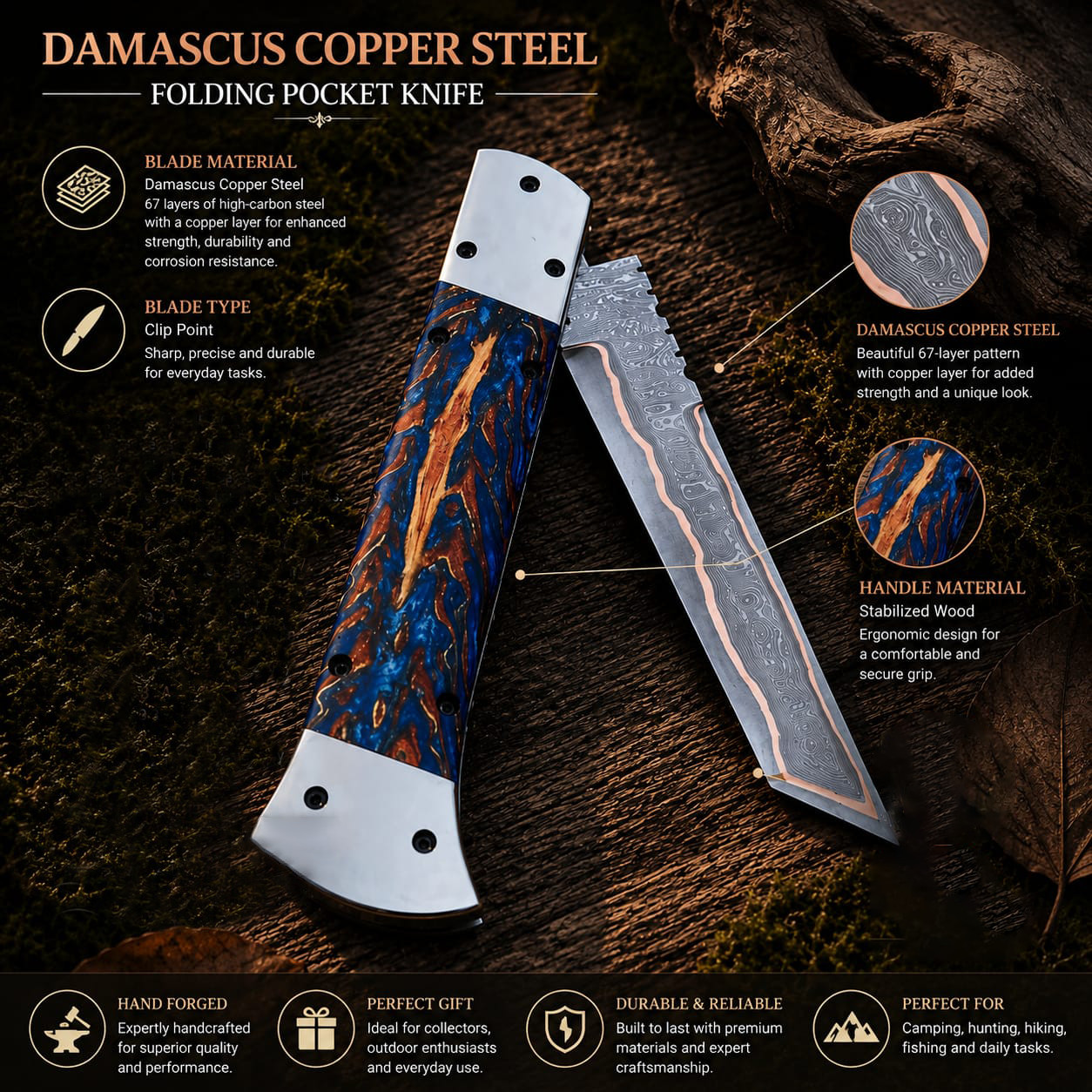 Folding Borkerr Style Pocket Knife Unique Damascus Pattern Handmade EDC &gifting