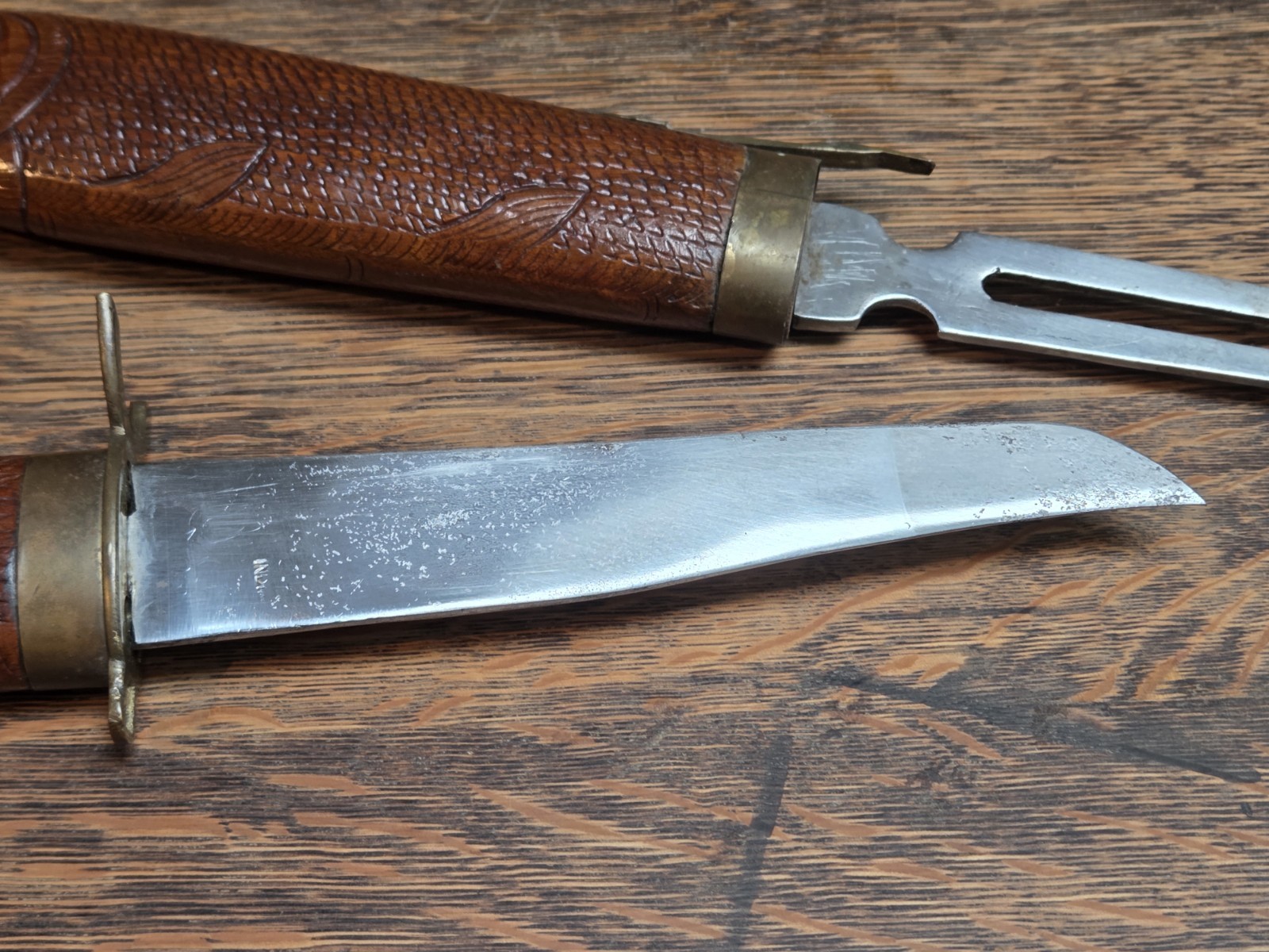 Carved Fish Knife Wood and Brass Vintage India